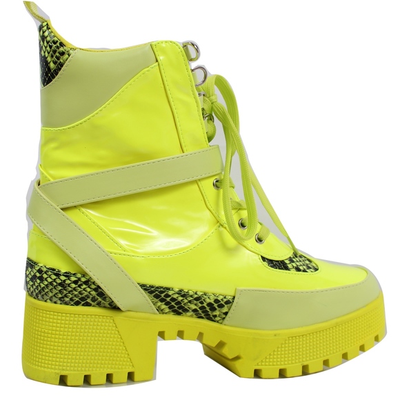Lemonade Neon Yellow Lace-Up Lug Platform Block Heel Boot - Picture 5 of 7